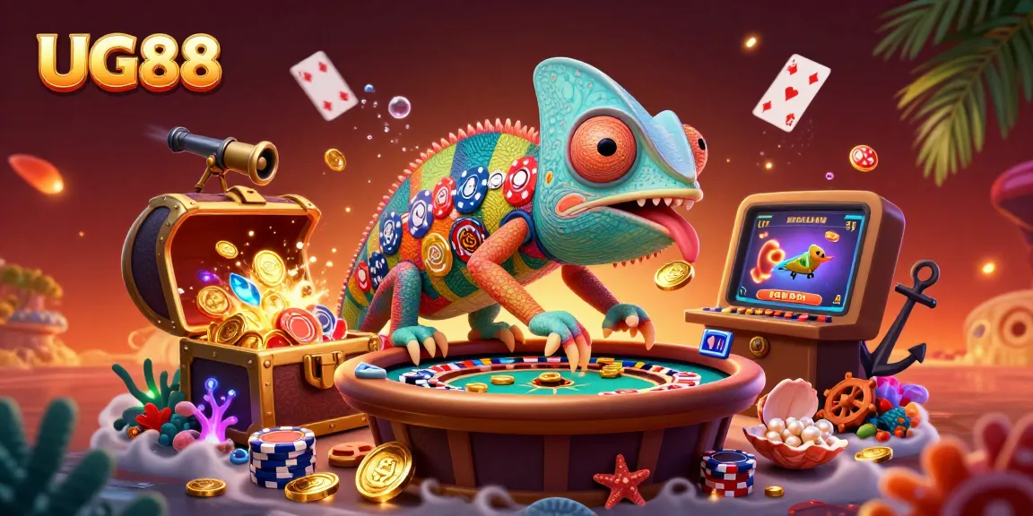 Engage in exciting gameplay at UG88 with a vibrant chameleon casino owner collecting golden coins.