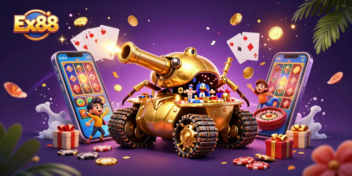 Experience Ex88's vibrant casino action with a golden beetle tank and colorful slot games sparking excitement.