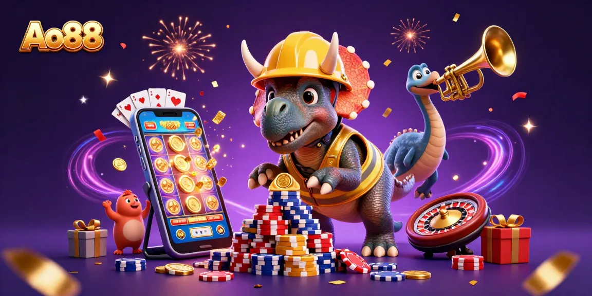 Ao88 engages players with a vibrant casino scene featuring a triceratops and a celebration atmosphere, showcasing exciting gaming elements.
