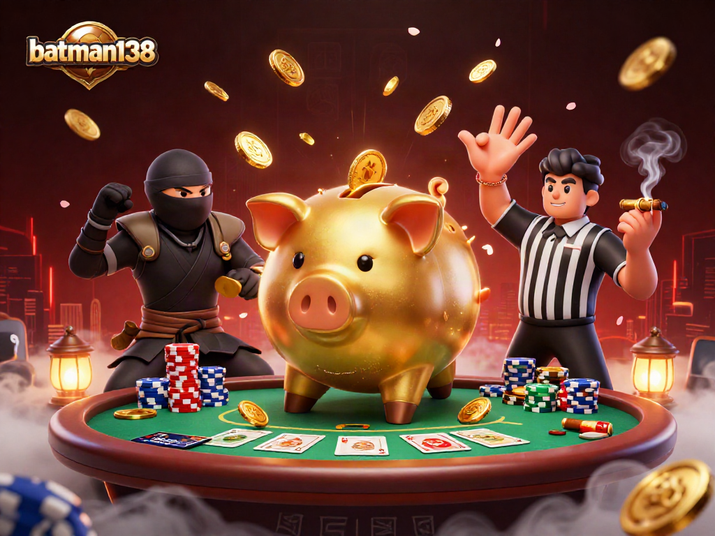Experience thrilling wins with batman138 in this dynamic casino showdown illustration.