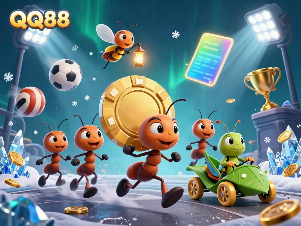 Experience excitement with QQ88's thrilling casino heist featuring ants, sports elements, and vibrant visuals.