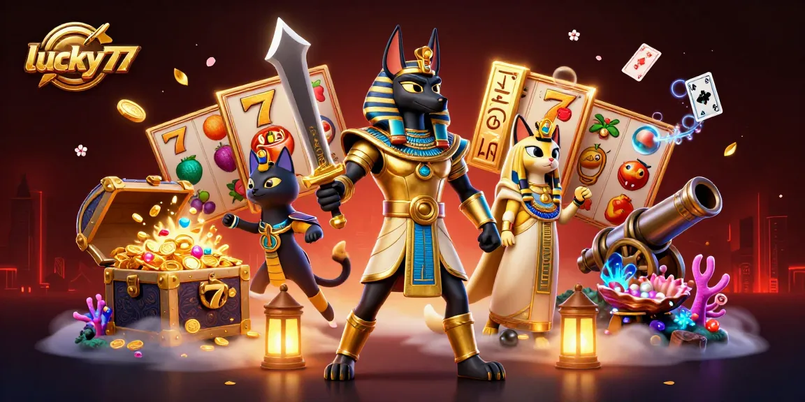 Experience thrilling slots action with lucky77 in a vibrant, dynamic 3D casino scene.