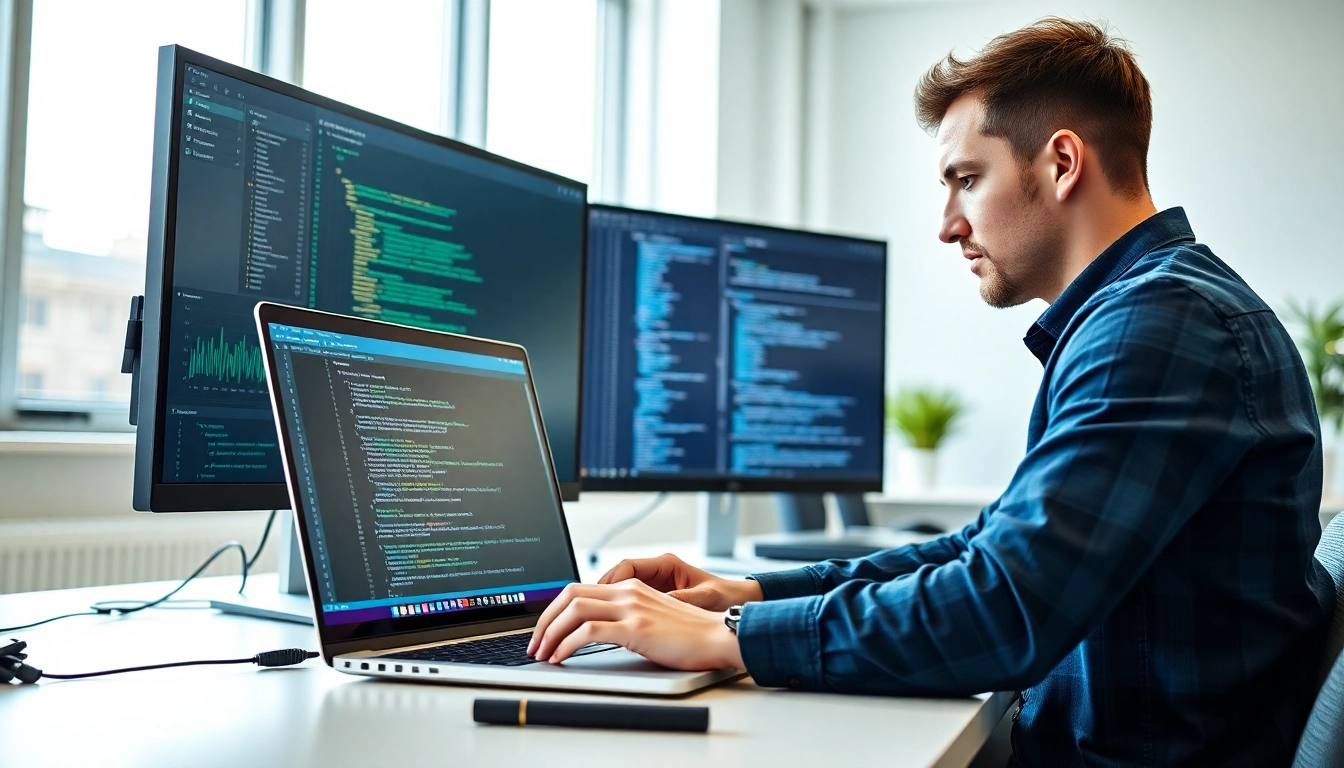 Showcasing Headless Shopify development with a web developer coding in a modern office.