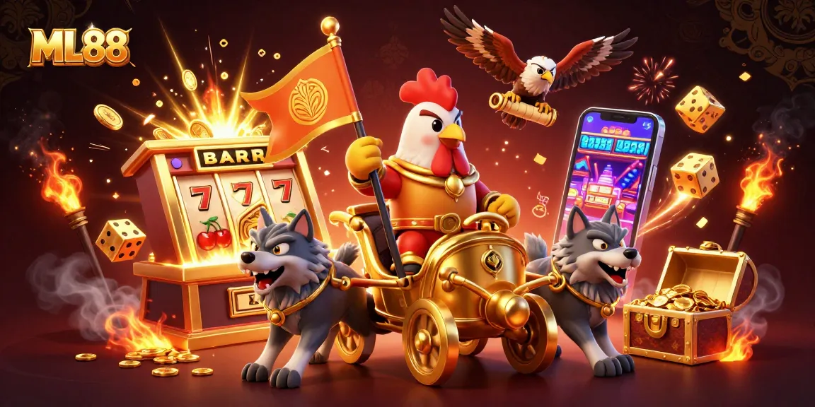 Experience BIG wins with ML88 as a rooster warlord leads a vibrant casino adventure.