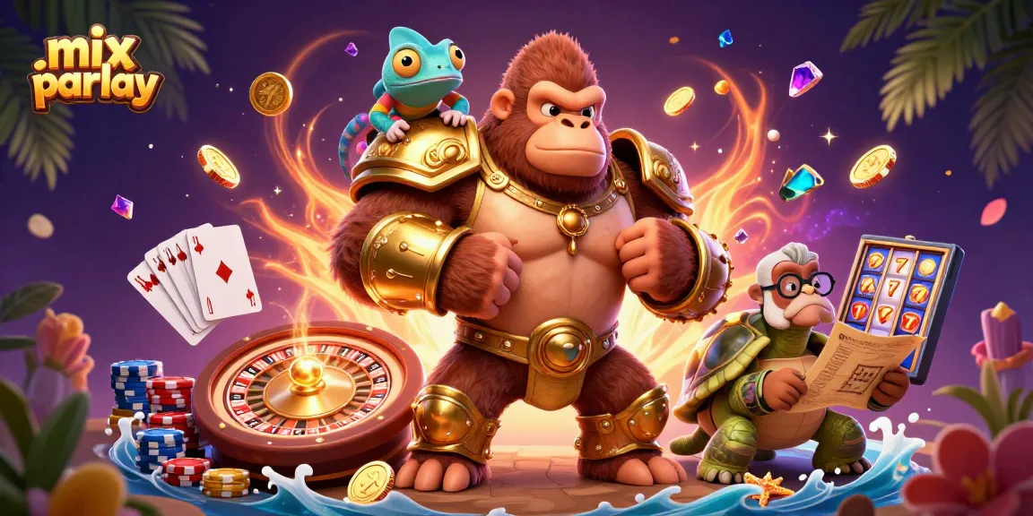 Mengambil peluang mix parlay dengan raja gorila 3D dan sekutu warna-warni dalam ilustrasi kasino.