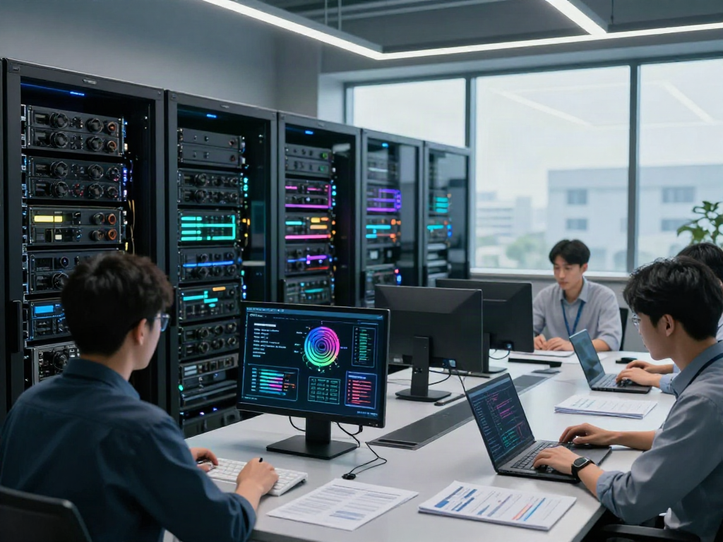Engineers monitoring GPU performance for AI inference in a high-tech data center.
