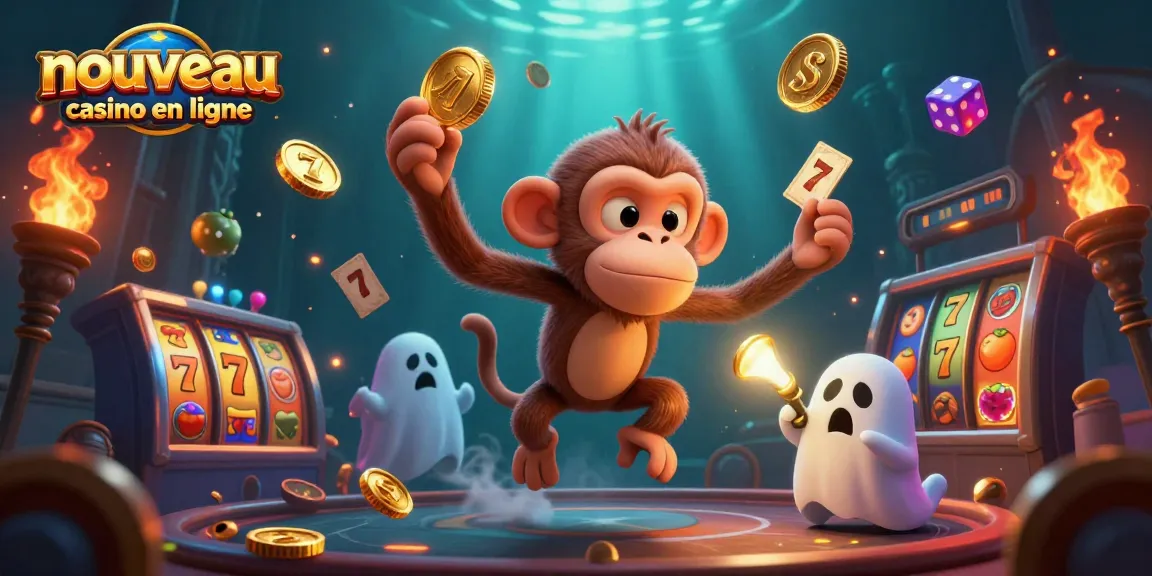Découvrez le nouveau casino en ligne avec un singe fantomatique et un chiot chasseur de fantômes, jonglant des objets dorés.