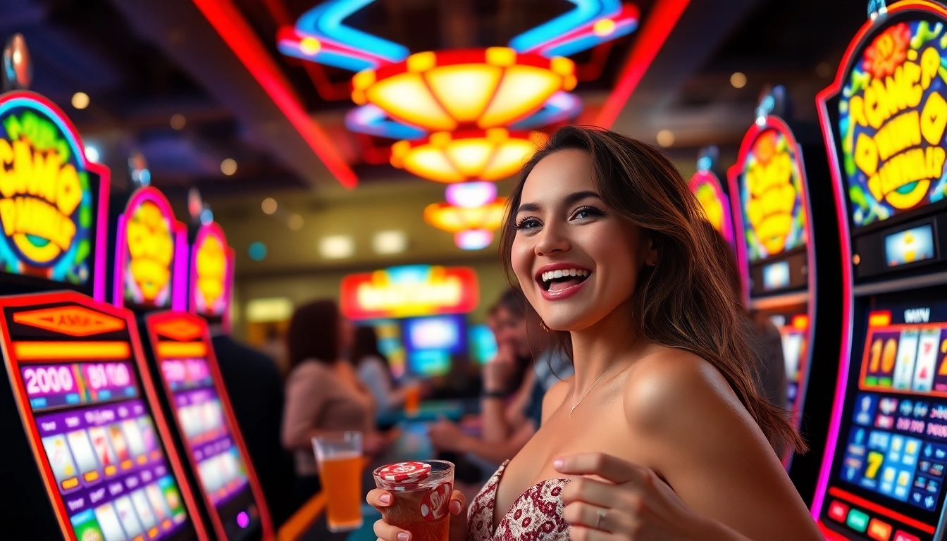 Menangkan slot88 di kasino yang ramai dengan lampu berkilauan dan pemain bahagia.