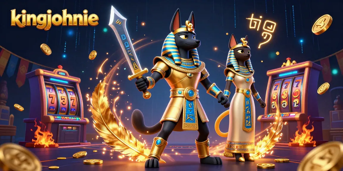 Experience kingjohnnie adventures in an ultra-detailed casino illustration featuring Anubis and Bastet.