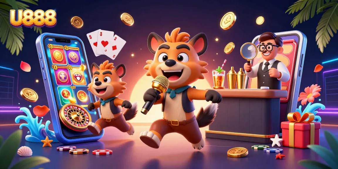 Experience U888's vibrant casino scene with hyenas entertaining and engaging in gaming activities.