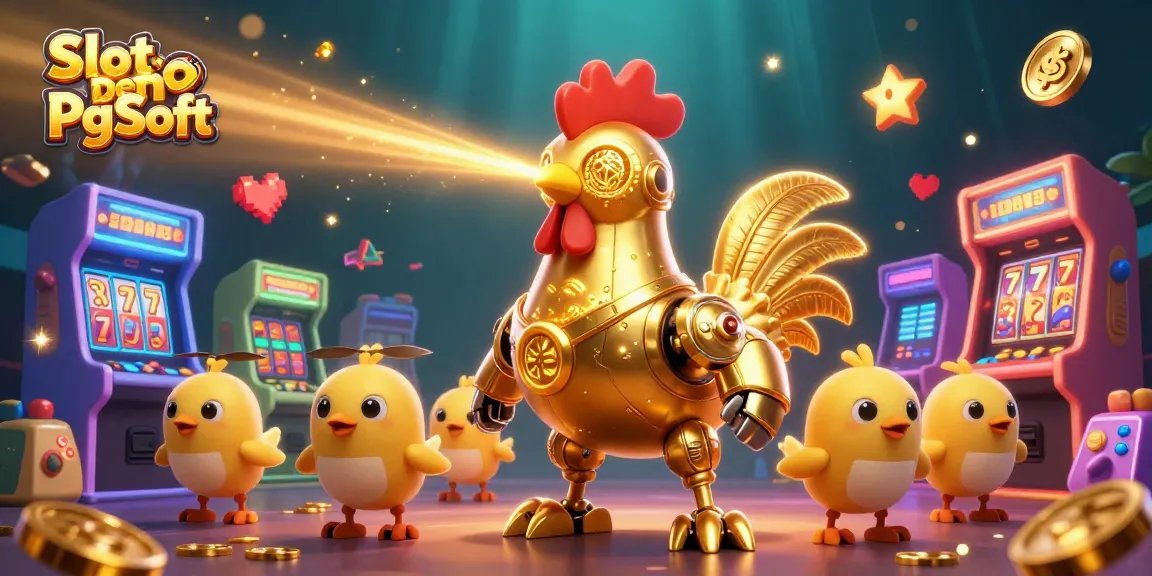 Experience Slot Demo Pg Soft with a futuristic golden rooster robot and baby chick drones in a vibrant arcade scene.