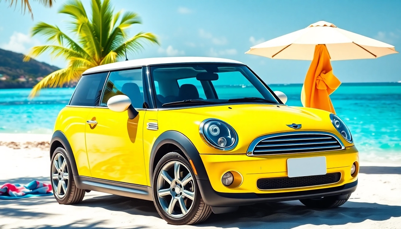 Mini Cooper st Barts rental parked on a stunning beach with turquoise waters and sunlit scenery.