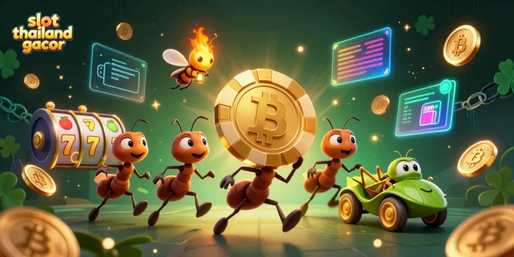 Experience slot thailand gacor with a cartoon ant crew heisting a giant poker chip, surrounded by vibrant casino elements.