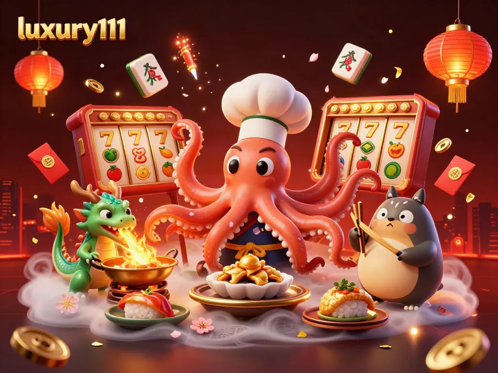 Experience luxury111 gaming with vibrant characters and dynamic casino symbols in a captivating illustration.