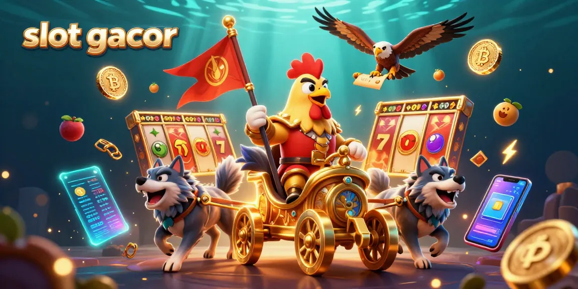 Engage on slot gacor with a 3D cartoon rooster warlord leading a dynamic casino scene.