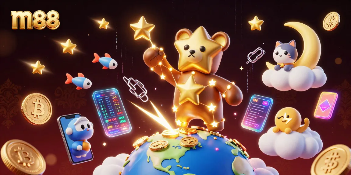Experience thrilling casino gaming with m88's vibrant 3D digital illustration, showcasing exciting elements.
