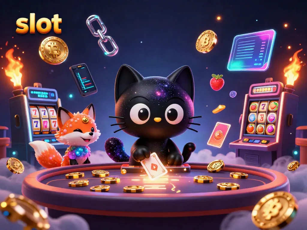 Menangkan slot di kasino kosmik yang dikelilingi cat lubang hitam dan simbol keberuntungan.