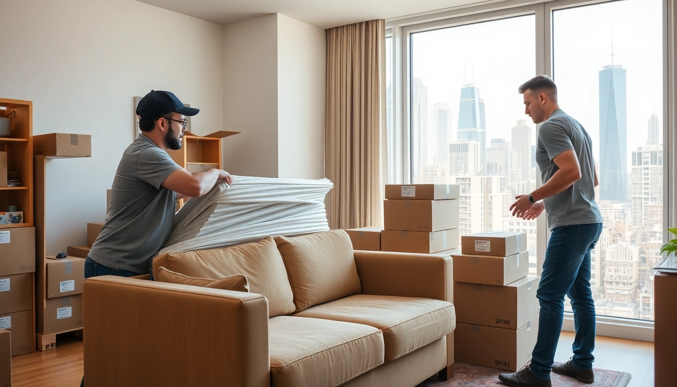 Movers Manhattan NY helping a family safely pack boxes in their apartment.