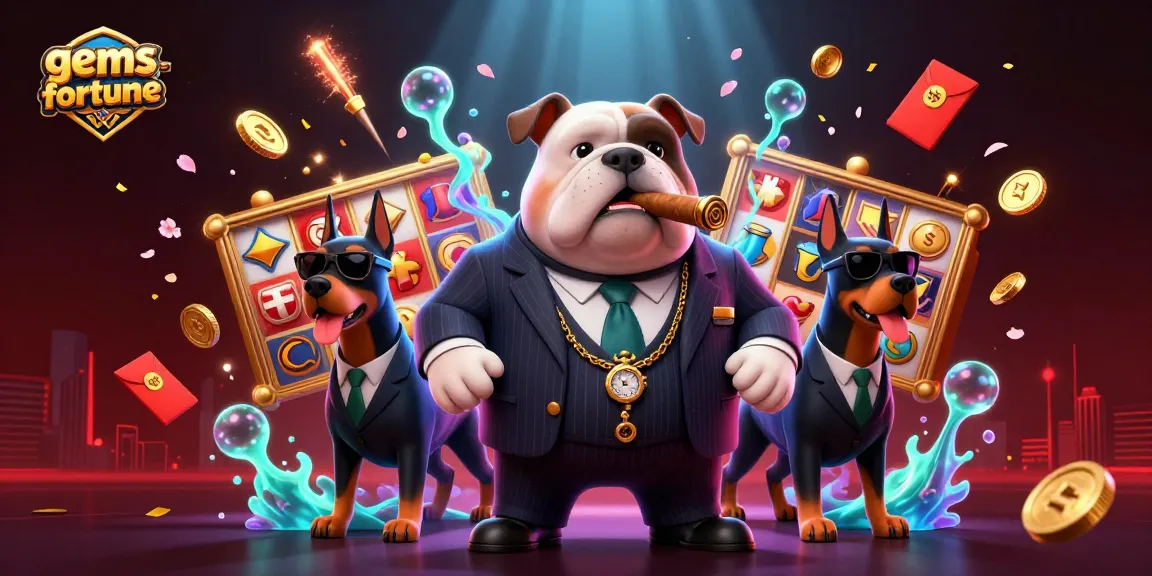 Engage in gems-fortune slot excitement with a dynamic illustration of a cartoon mafia bulldog and Doberman bodyguards.