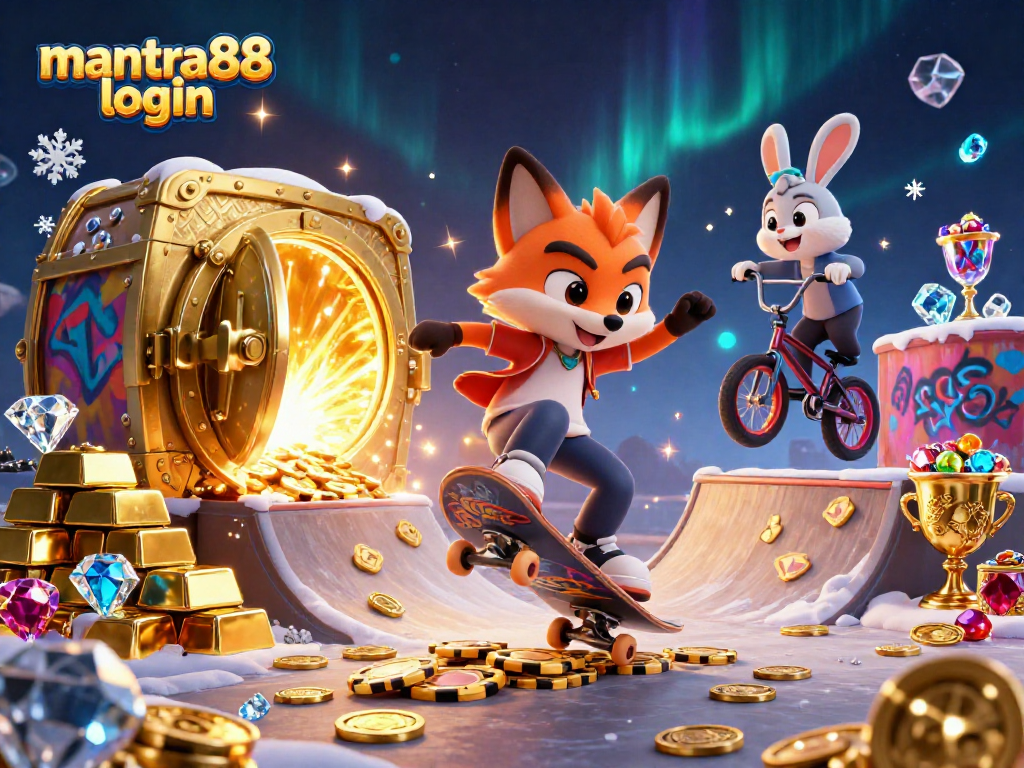 Win big with mantra88 login, as a skateboard fox flips over golden poker chips amidst rich casino treasures.