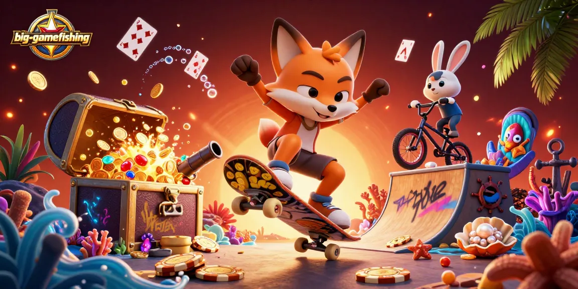 Experience big-gamefishing thrills with dynamic characters and casino elements in a vibrant 3D scene.