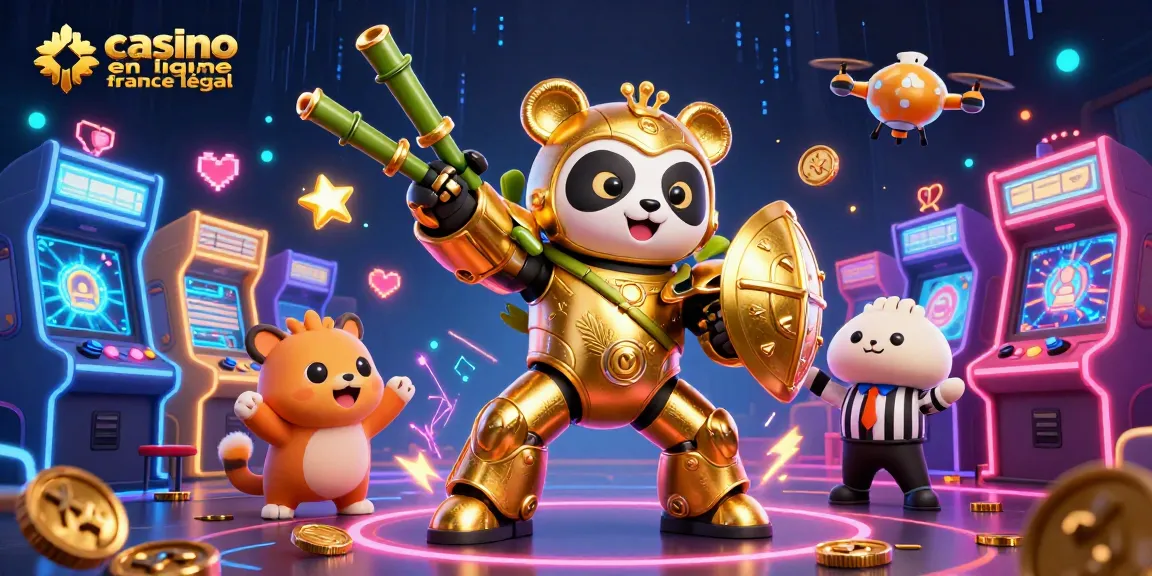 Casino en ligne légal en France : Illustration d'un panda mech en combat dans un casino animé.