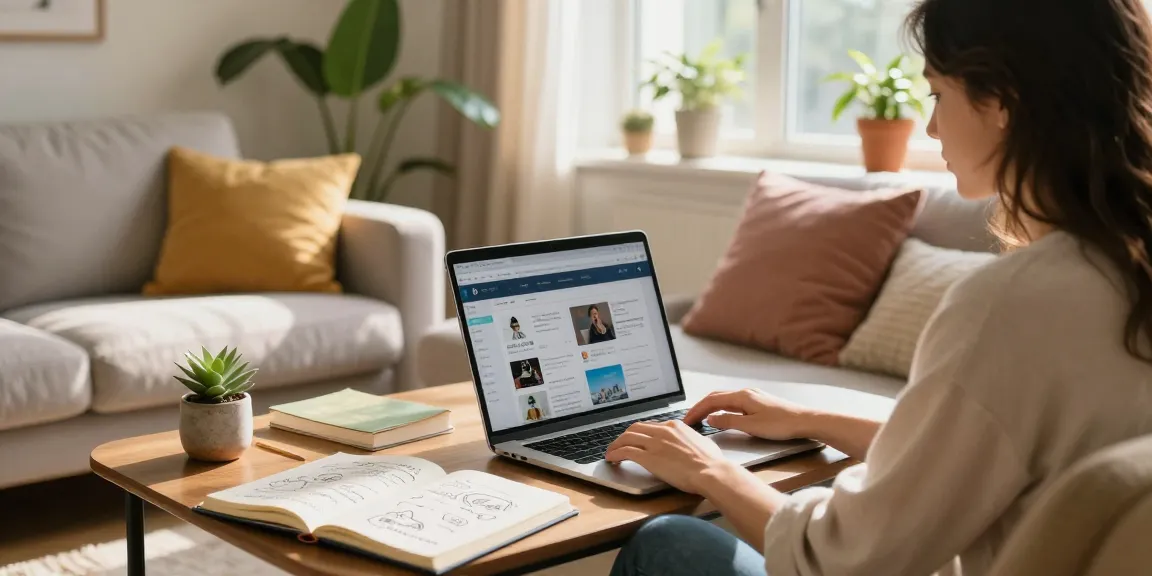 Explore more from our blog in a cozy living room setting with a woman engaging with her laptop, fostering creativity.