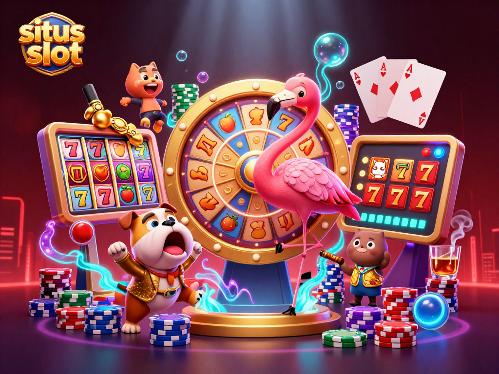 Engage in situs slot gaming with a dynamic illustration of a flamingo host, excited bulldog contestant, and a cat assistant