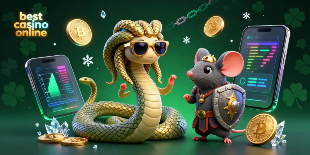 Experience excitement at the best casino online with Medusa and a warrior mouse amidst a vibrant 3D illustration.