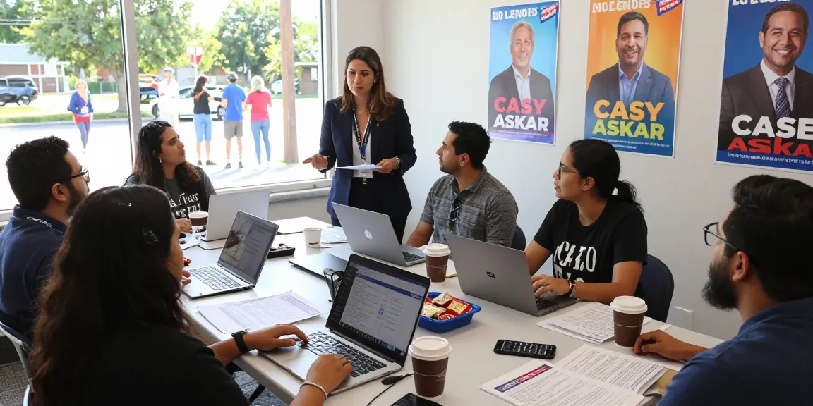 Casey Askar campaign team strategizing in vibrant community setting.