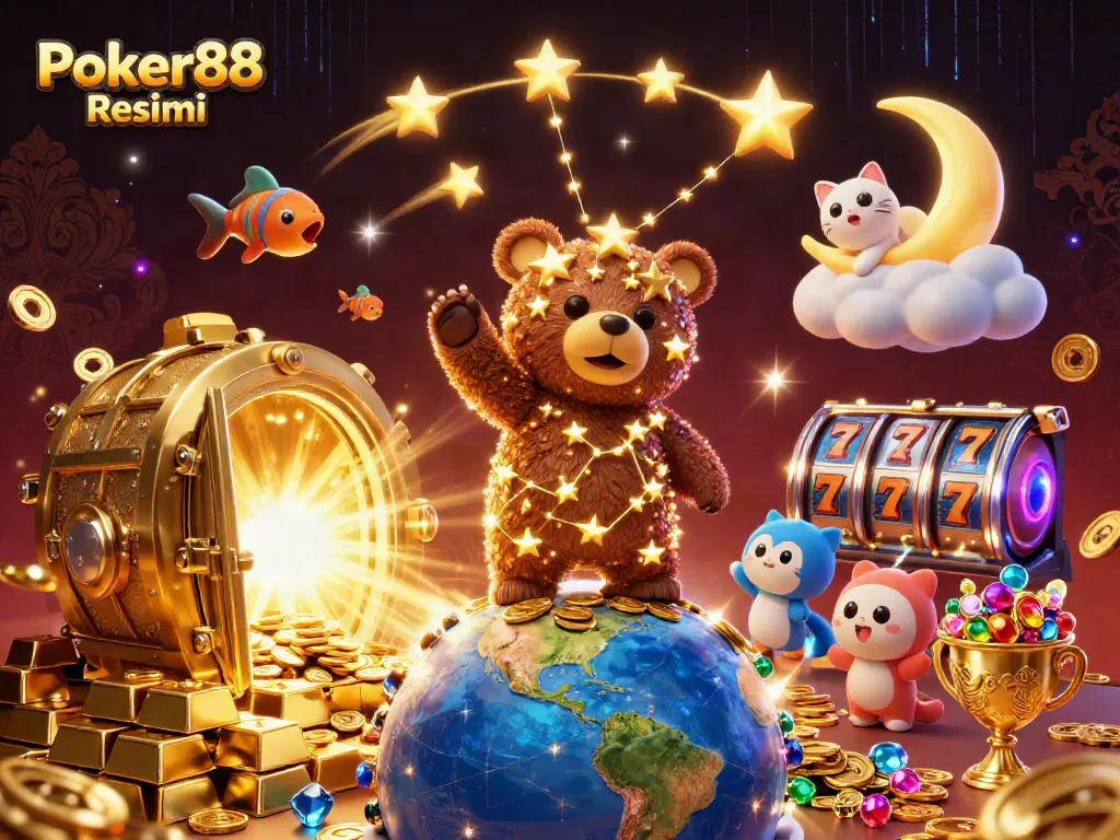 Experience the thrill of Poker88 Resmi with vibrant casino elements, winning symbols, and dynamic characters.