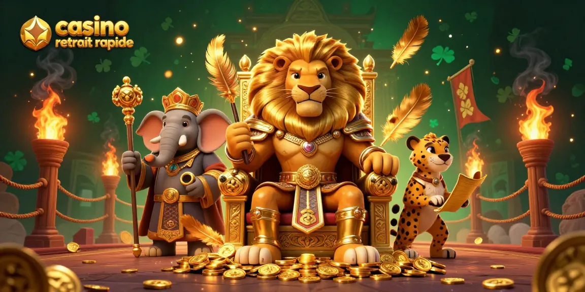 Réception instantanée des gains avec casino retrait rapide, lion roi, éléphant sage et guépard messager.