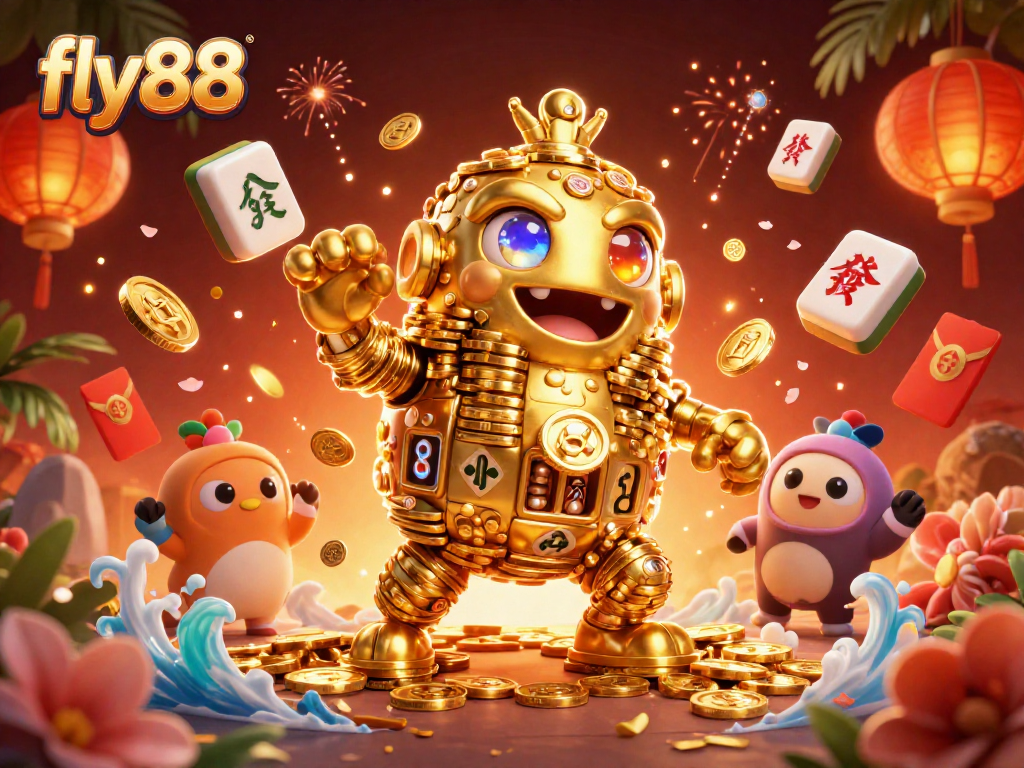 Experience exhilarating fun at fly88 with vibrant 3D cartoon illustration of a golden golem surrounded by dynamic casino elements.