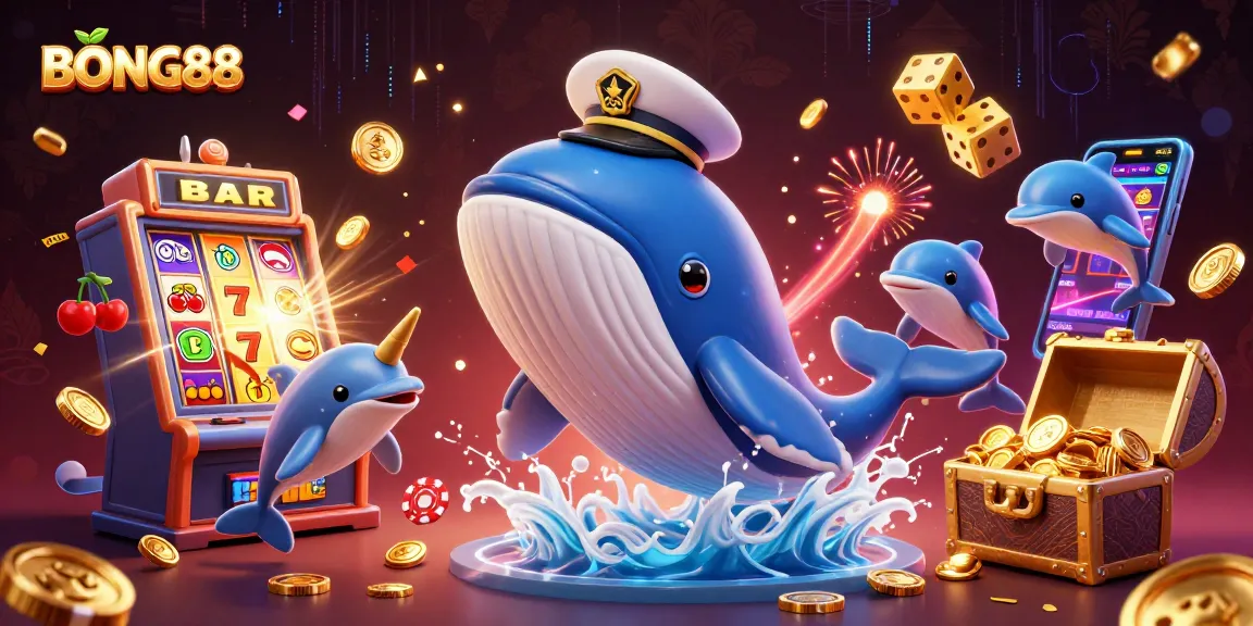 BONG88 showcases a vibrant 3D casino scene with a whale, narwhal, and dolphins amidst dynamic gaming elements.