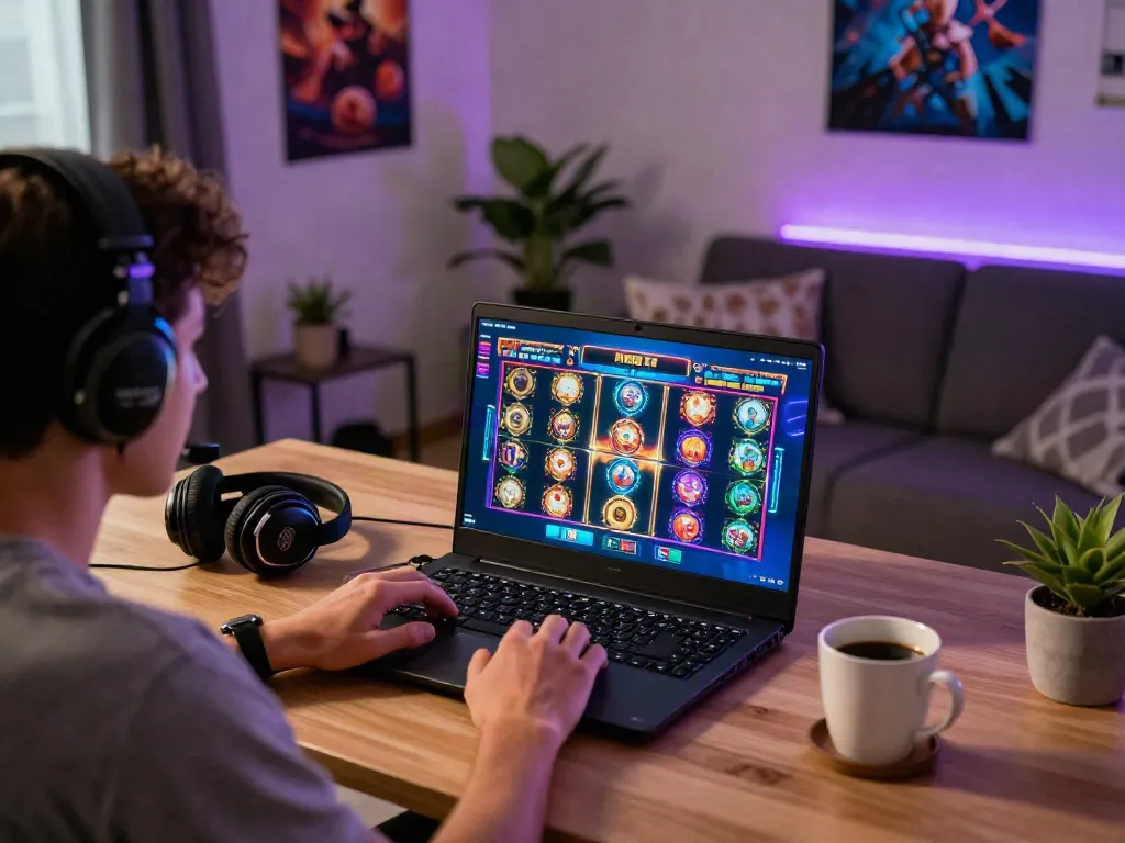 Player enjoying slot online with gaming setup and ambient lighting