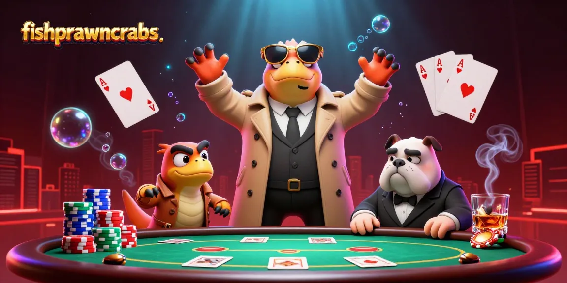Experience fishprawncrabs action as cartoon raptors enter a VIP casino with poker chaos.