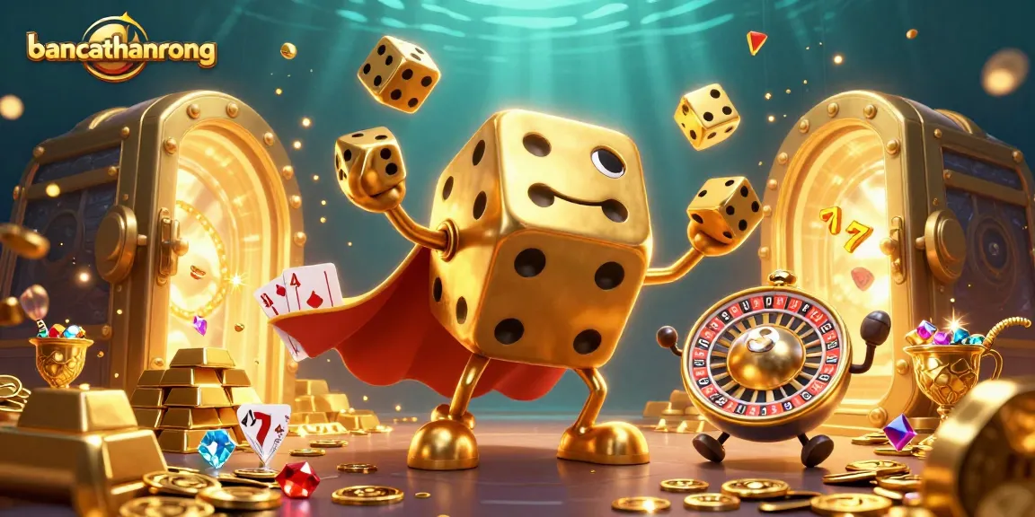 Experience the excitement of bancathanrong with a vibrant scene featuring a golden dice golem and slot machines.
