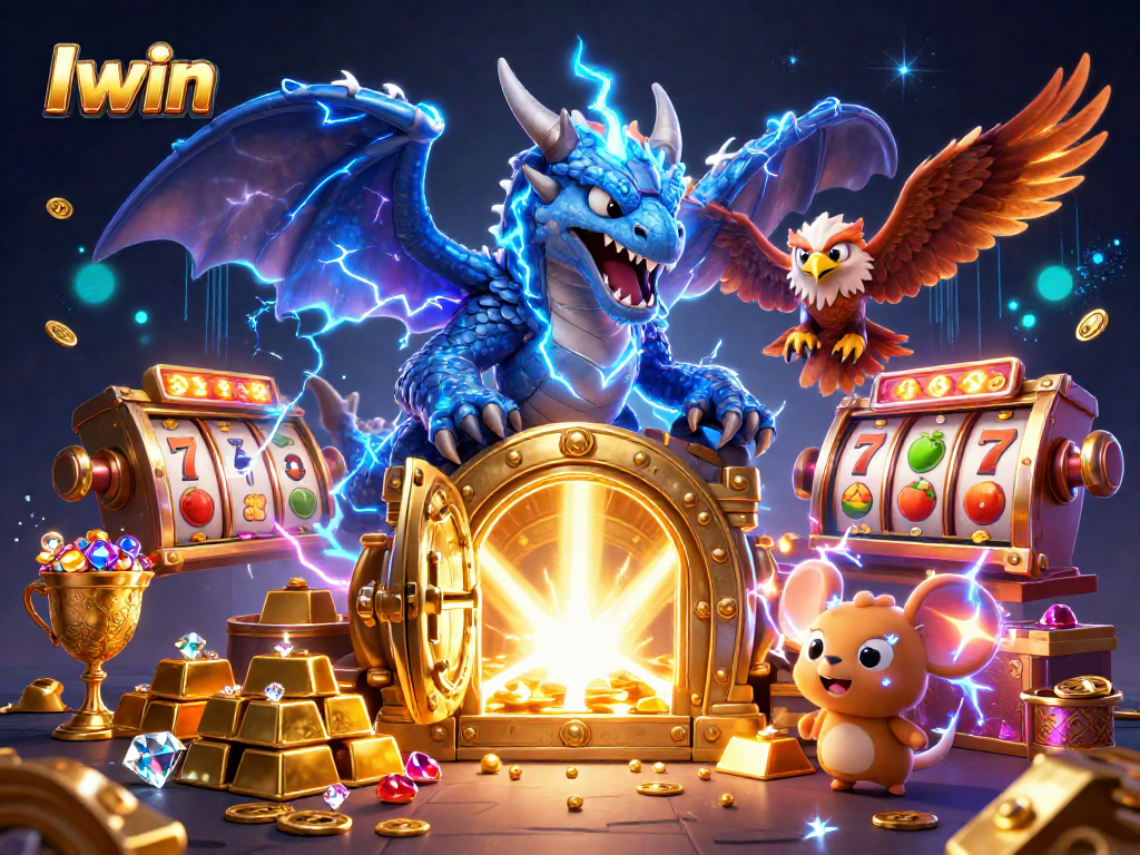 Iwin casino features powerful characters like a thunder dragon and a wind hawk amidst slot reels and treasures.