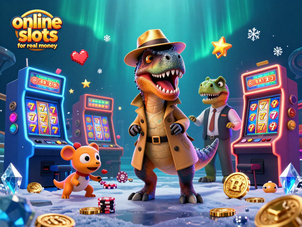 Experience online slots for real money with a cartoon velociraptor at a vibrant slot machine.