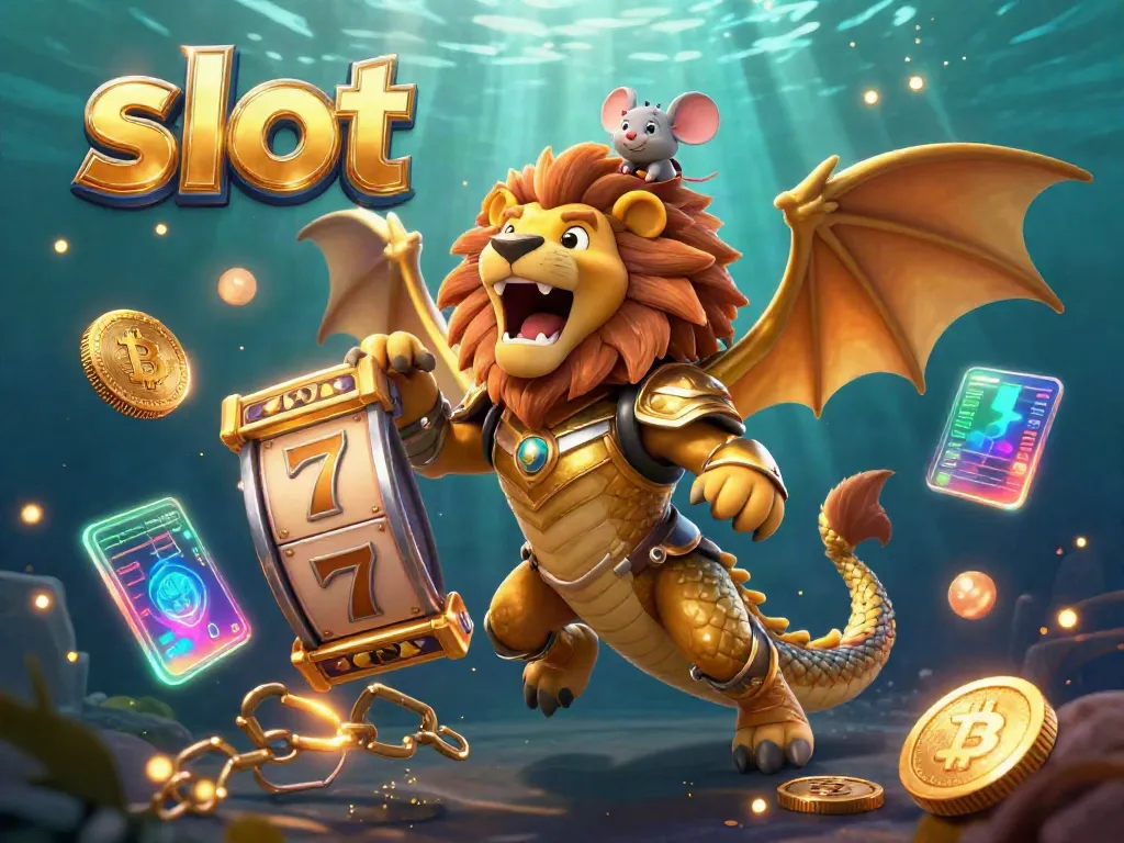 Putar slot di kasino virtual dengan makhluk chimera dan koin crypto bersinar.