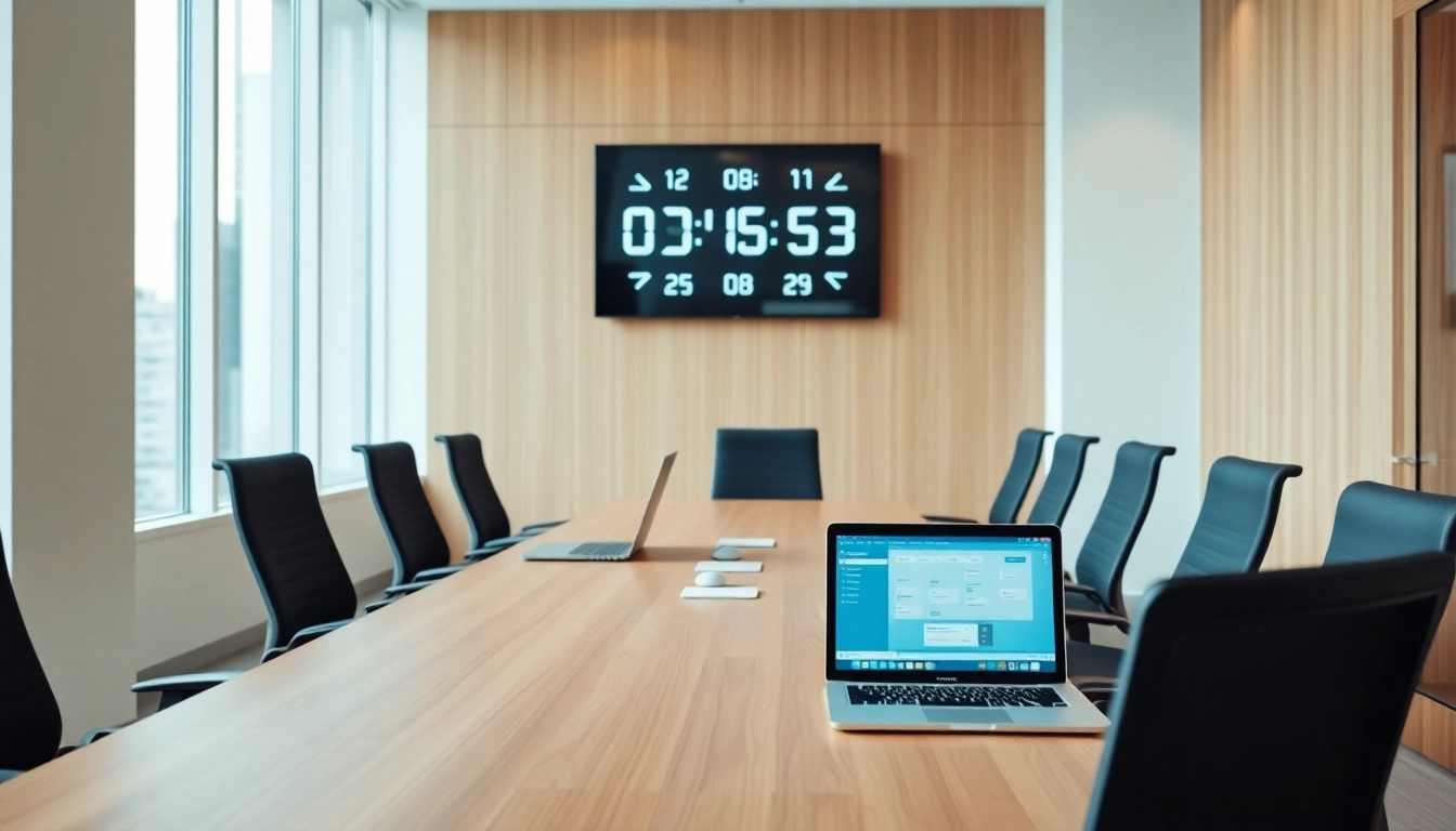 AI scheduling with time zones illustrated through a modern meeting setup in an office.