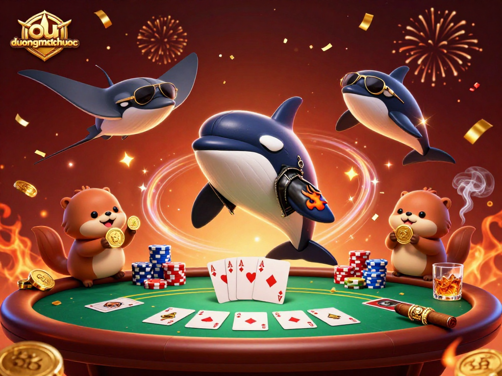 Experience the thrills at duongmatchuoc, featuring cartoon characters celebrating wins amid casino elements.