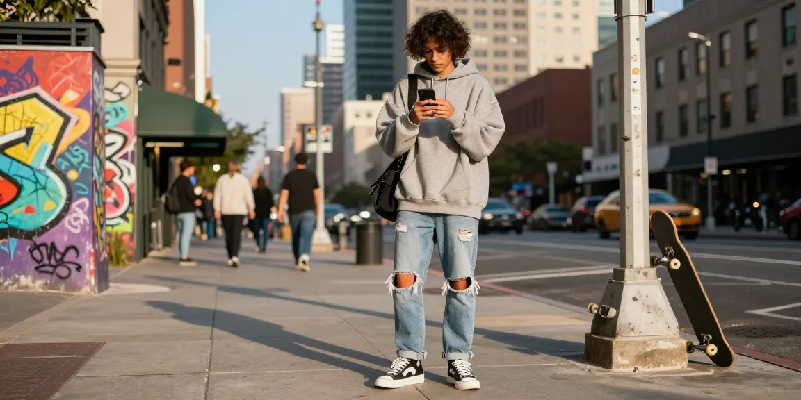 Youth engaging with smartphone while embodying urban fashion style in city near https://www.www456bd.com/.