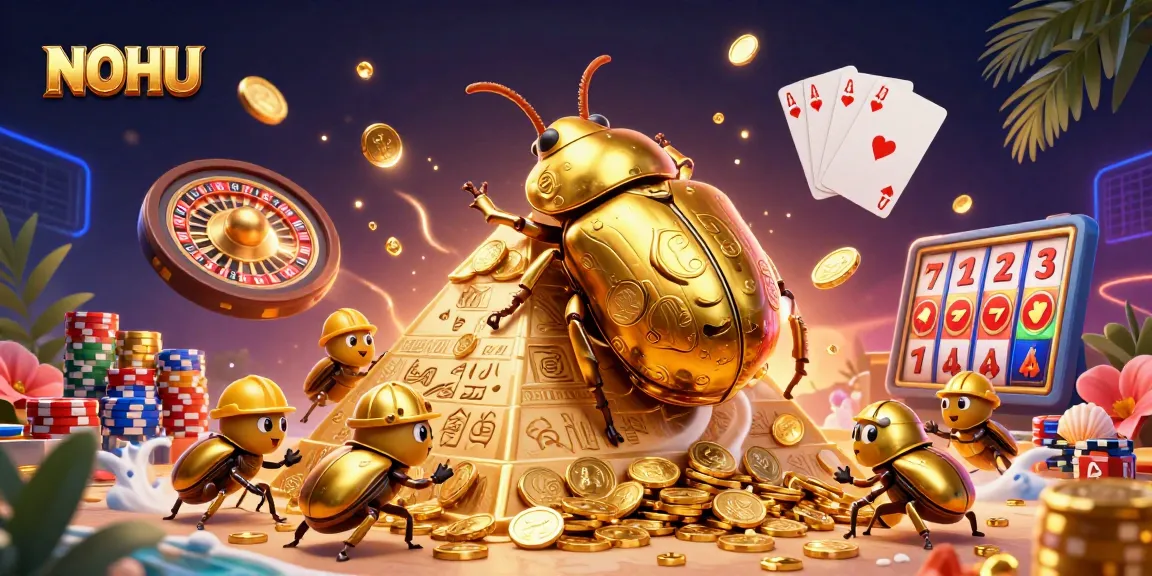 NOHU offers engaging casino action with golden coins and vibrant game elements in a dynamic 3D scene.