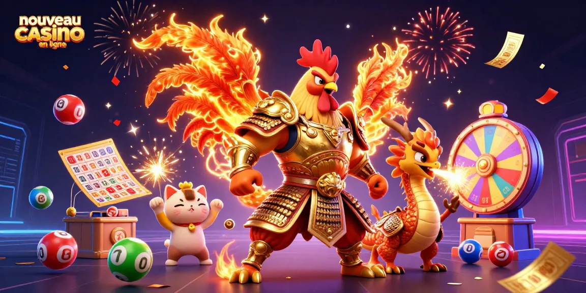 Illustration dynamique d'un nouveau casino en ligne avec des personnages colorés comme un guerrier, un dragon et un chat de fortune.