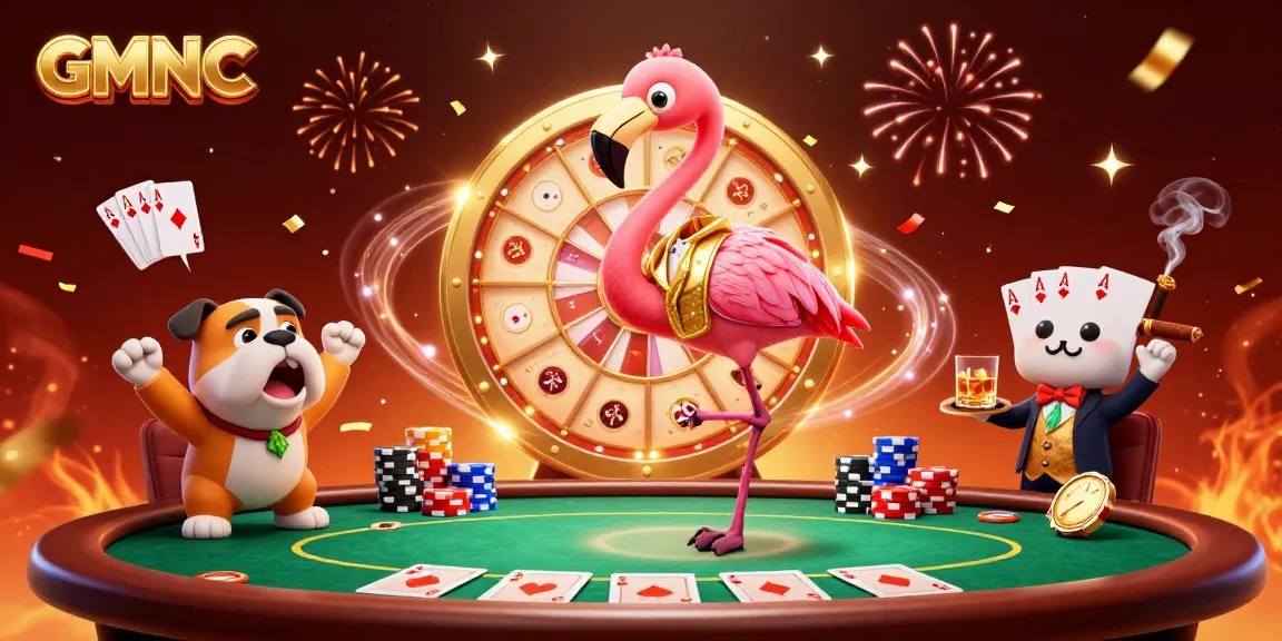 GMNC game show host flamingo and bulldog celebrate winnings in a vibrant casino scene.
