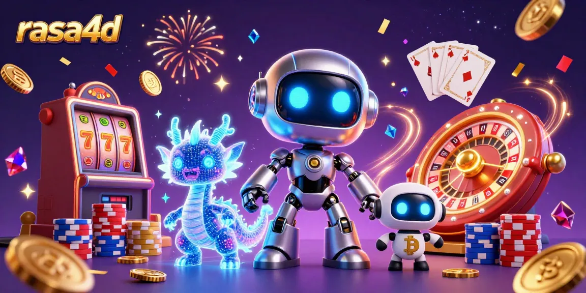 Menangkan momen kemenangan di rasa4d dengan robot cyberpunk dan simbol bitcoin.