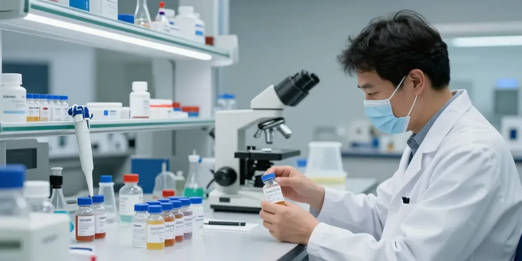 Researcher analyzing Swiss Chem peptides in a professional lab setting.