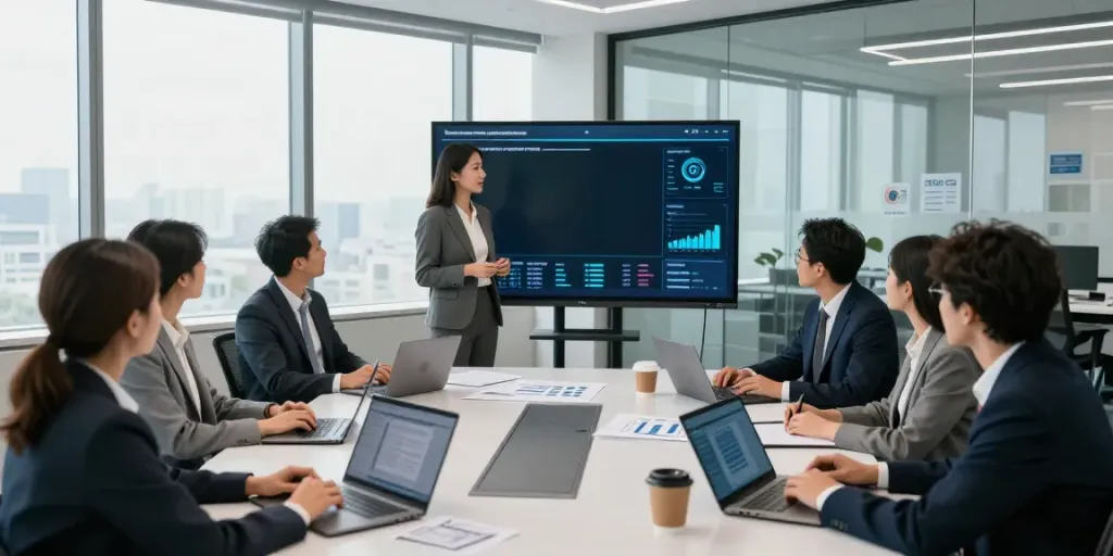 Team discussing deepfake protected meetings in a high-tech conference room.