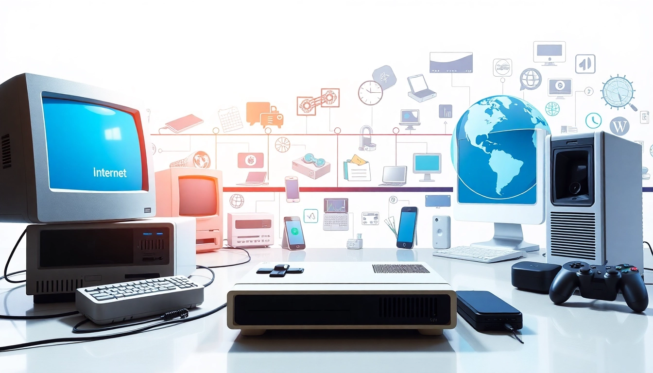 Explore the journey of internet history through iconic technology symbols and timeline elements.